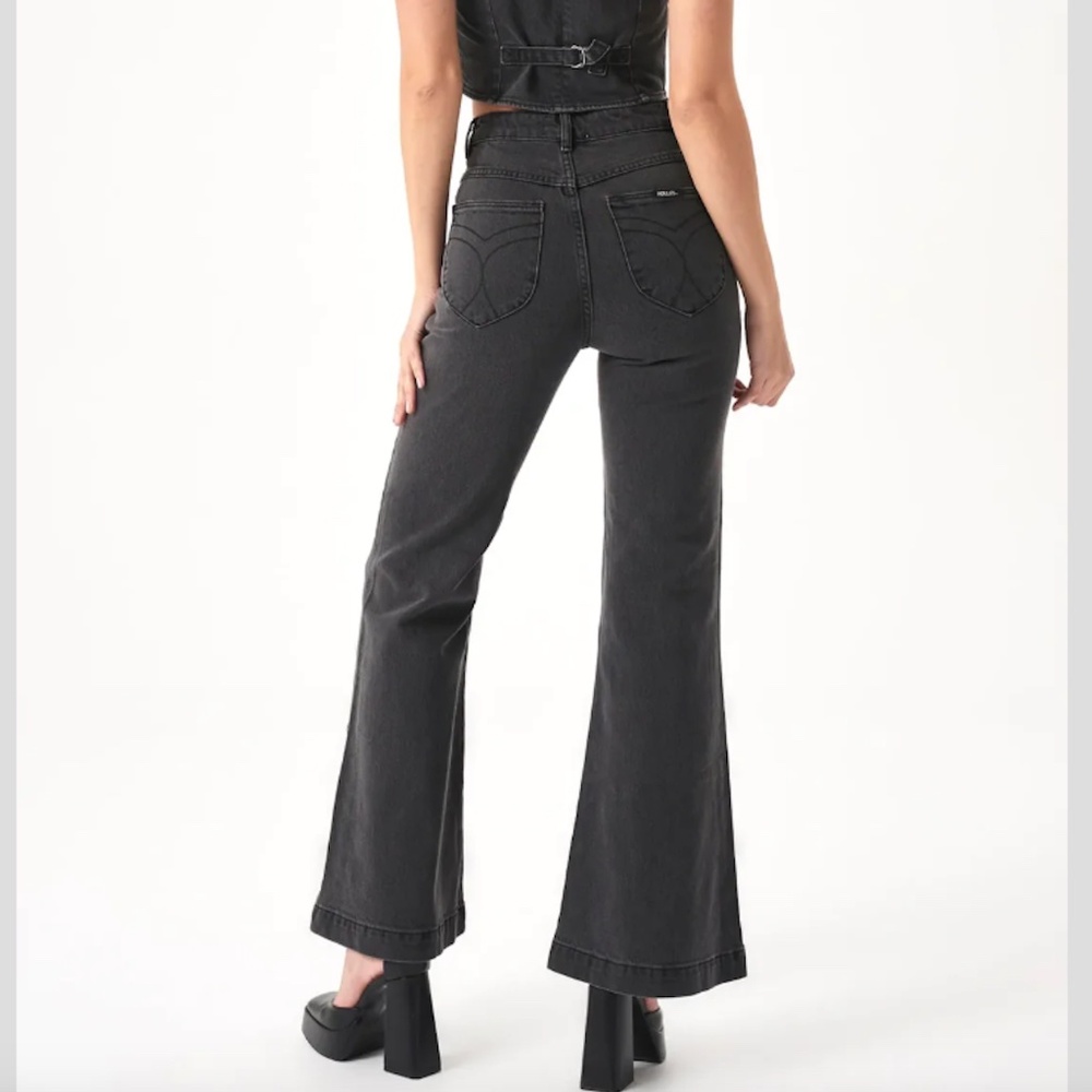 Rollas Eastcoast Flare Wide Leg Crop Jeans Womens Vintage Washed Black - Picture 3 of 13